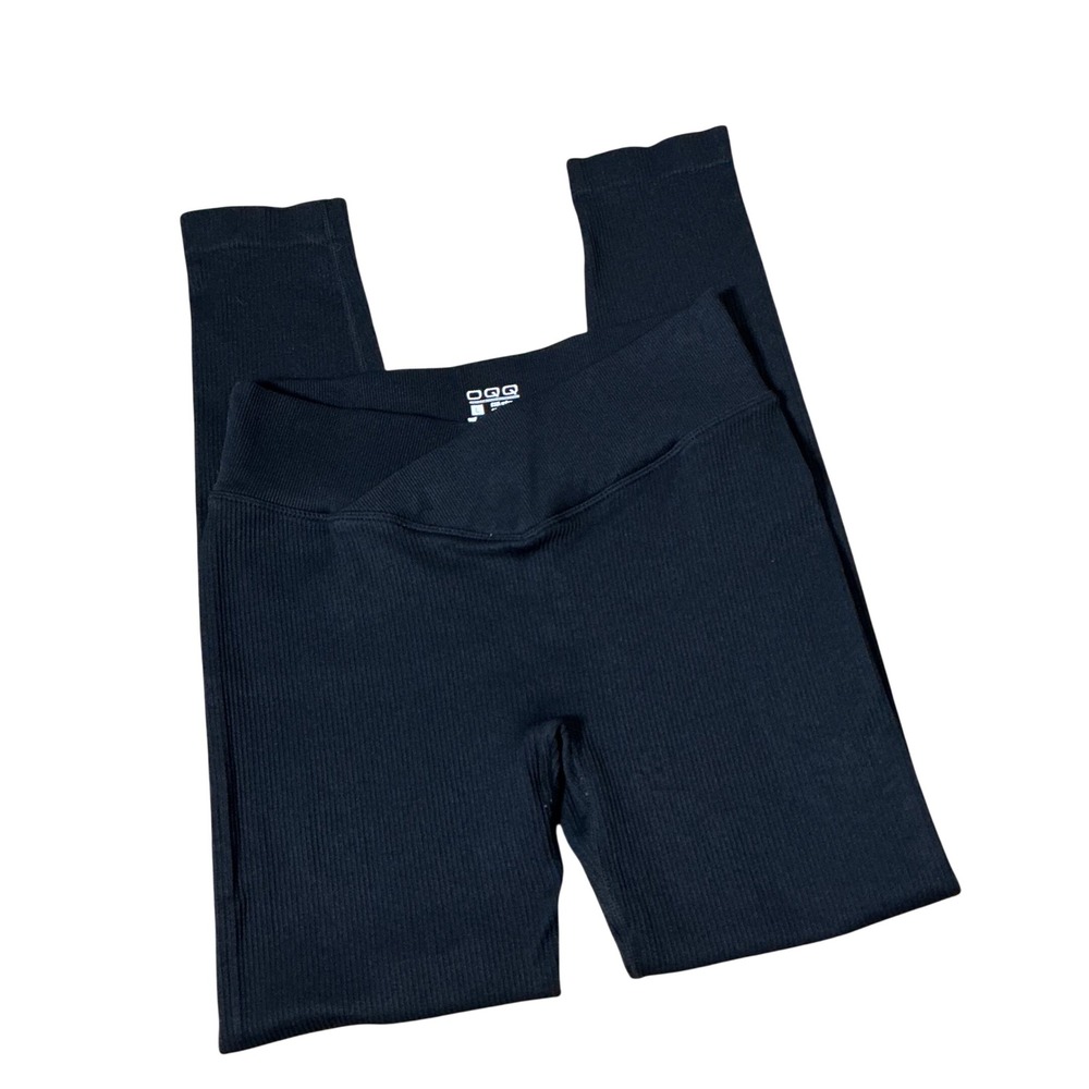 OQQ Ribbed Crossover V-Waist Legging Women L Black Yoga Activewear Seamless High